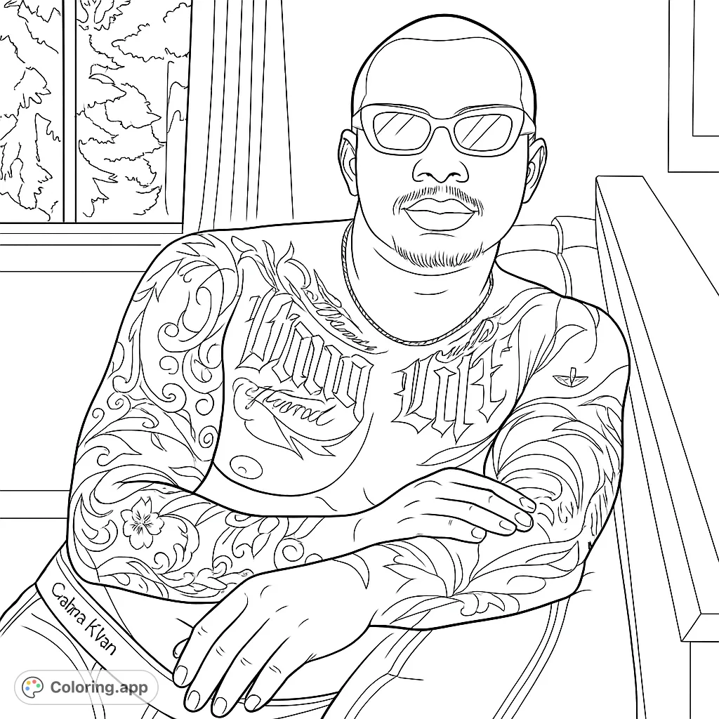 An intricate tattooed man with stylish sunglasses, perfect for adult colorists seeking a detailed and expressive portrait coloring page.