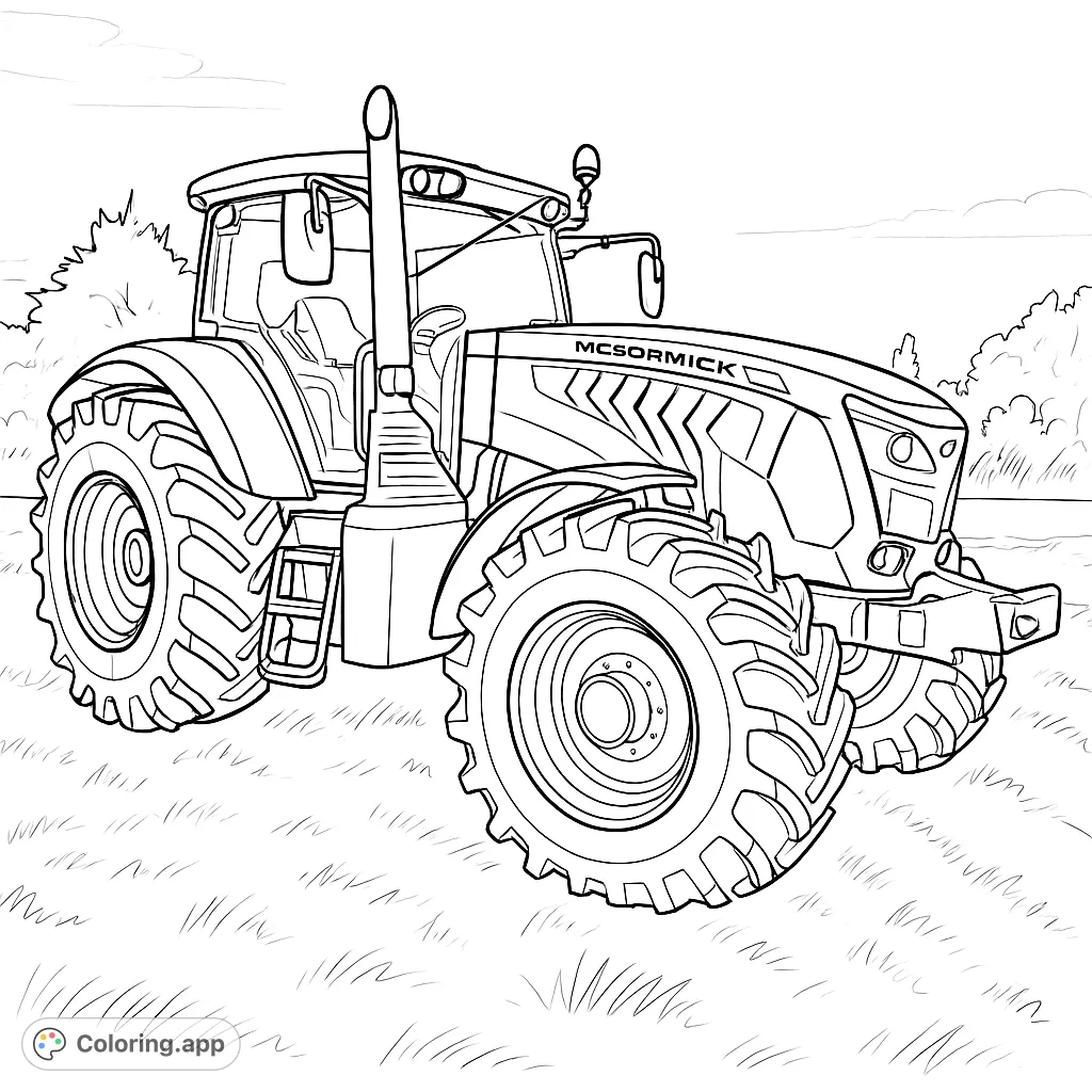 Color a powerful farm tractor with large wheels, detailed engine, and a spacious cabin, set against a backdrop of fields and distant trees.