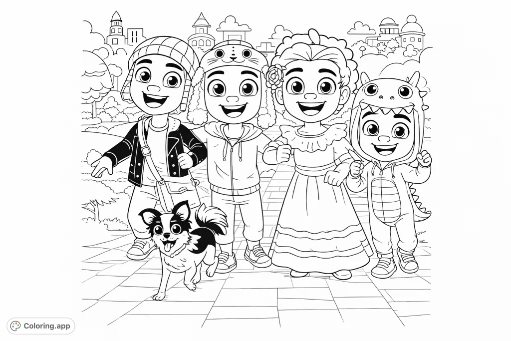 Join four animated friends and their playful dog on a whimsical adventure through a vibrant cityscape. A delightful scene for creative coloring fun.
