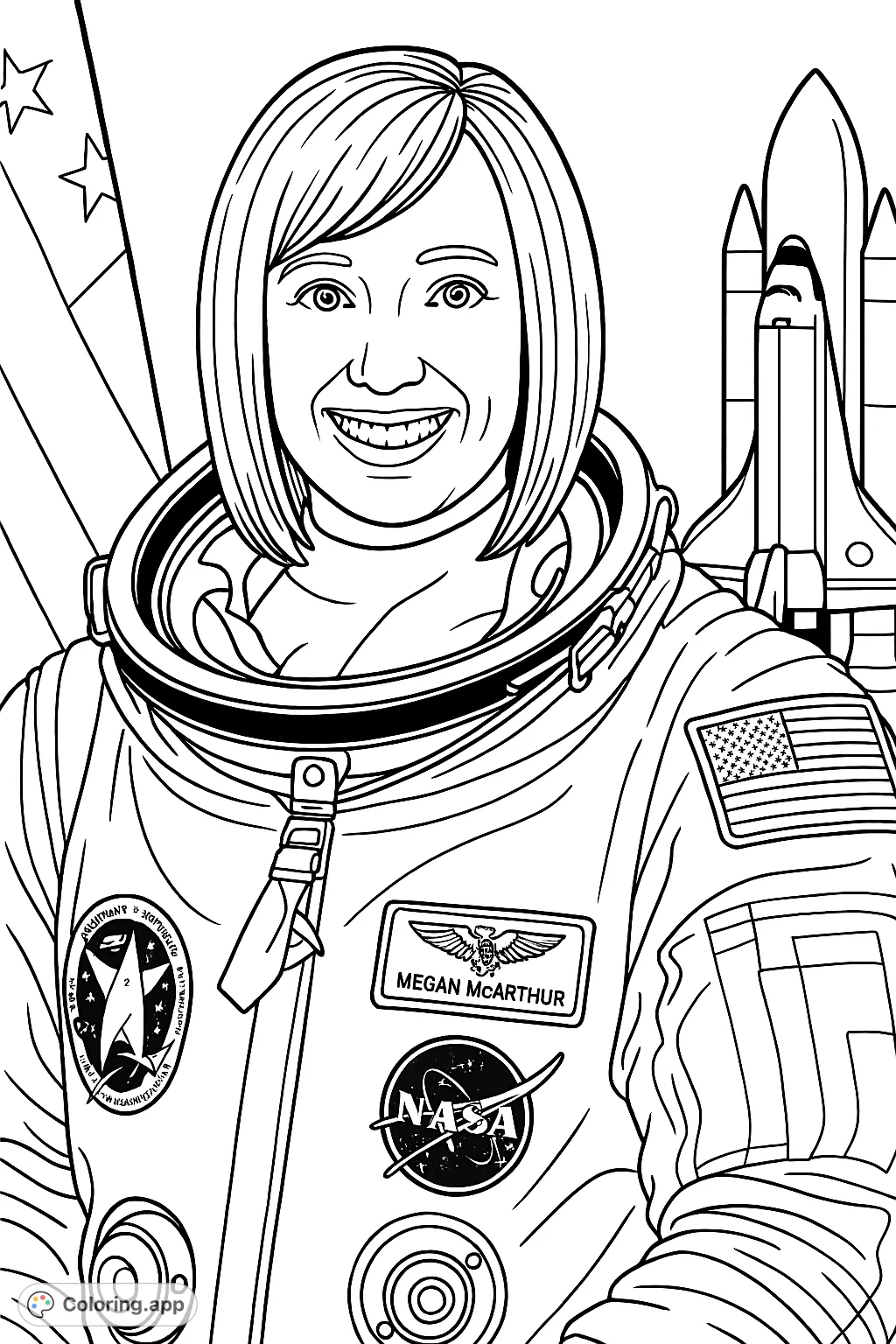 An inspiring astronaut portrait featuring a smiling woman in a detailed space suit with iconic patches and a space shuttle in the background. Perfect for space enthusiasts.