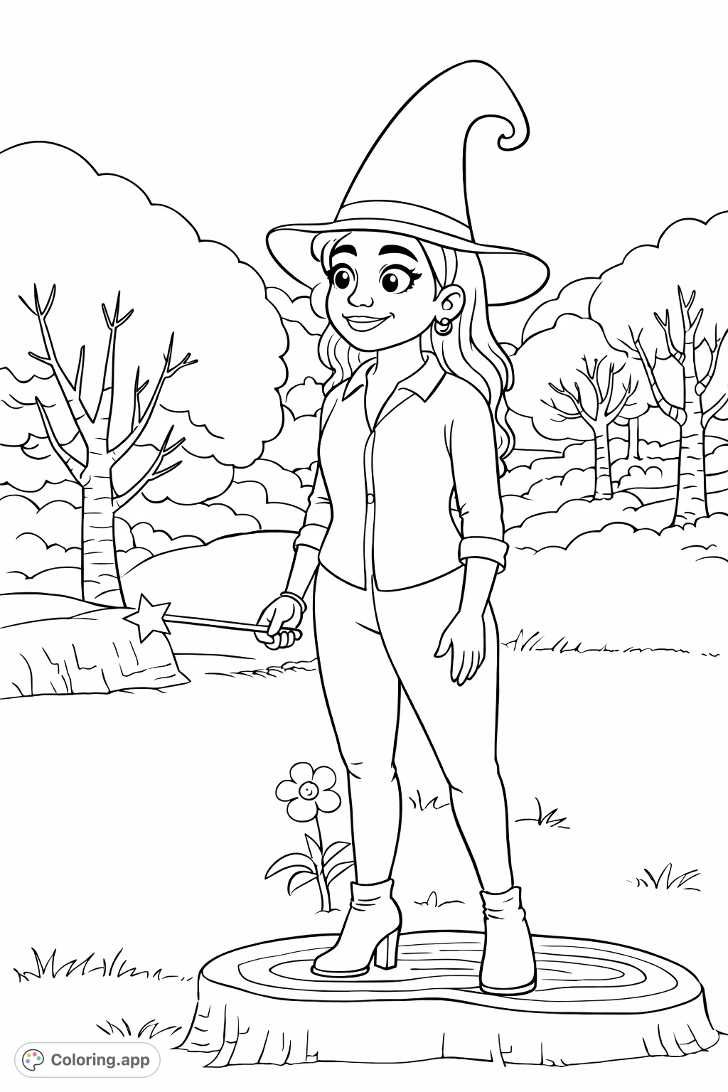 A friendly witch character stands with her star-tipped wand in a whimsical landscape. Bring this magical scene to life with your favorite colors for a delightful adventure!
