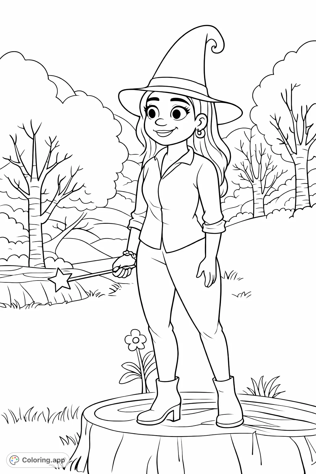 A charming cartoon witch stands in a whimsical landscape, holding a magic wand. Perfect for imaginative play and creative coloring fun!