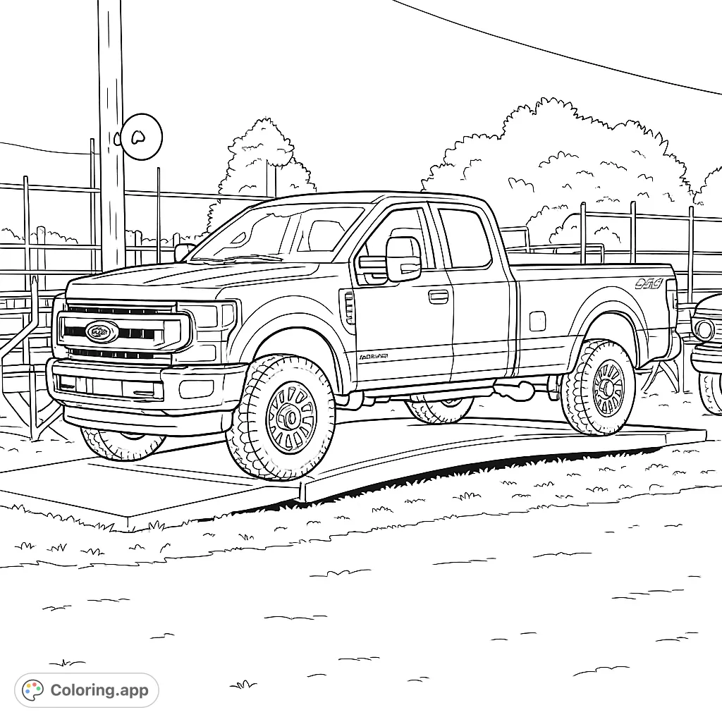 Explore a detailed modern pickup truck on a display platform, complete with rugged tires and a classic backdrop. Ideal for vehicle and outdoor scene enthusiasts.