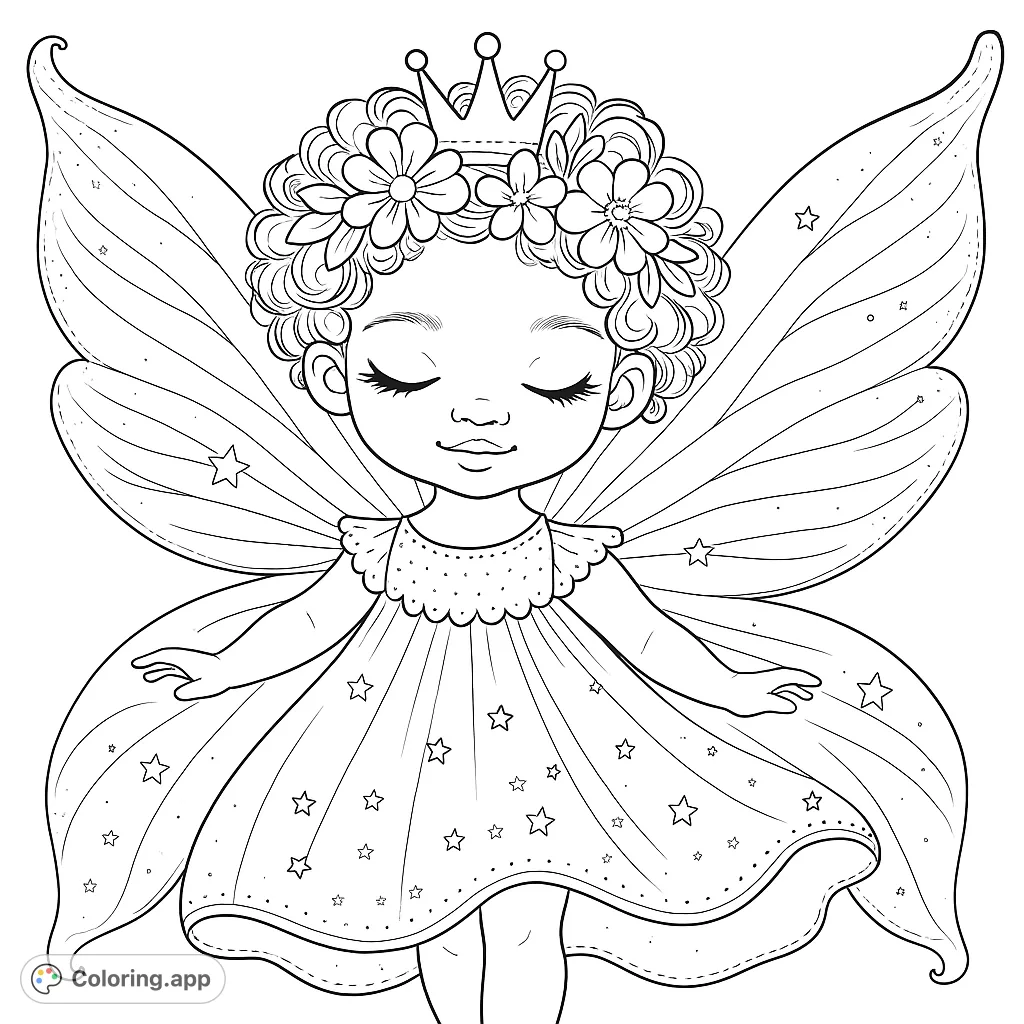 A delightful fairy princess with a floral crown and shimmering wings, ready for a magical adventure. Perfect for imaginative coloring fun!