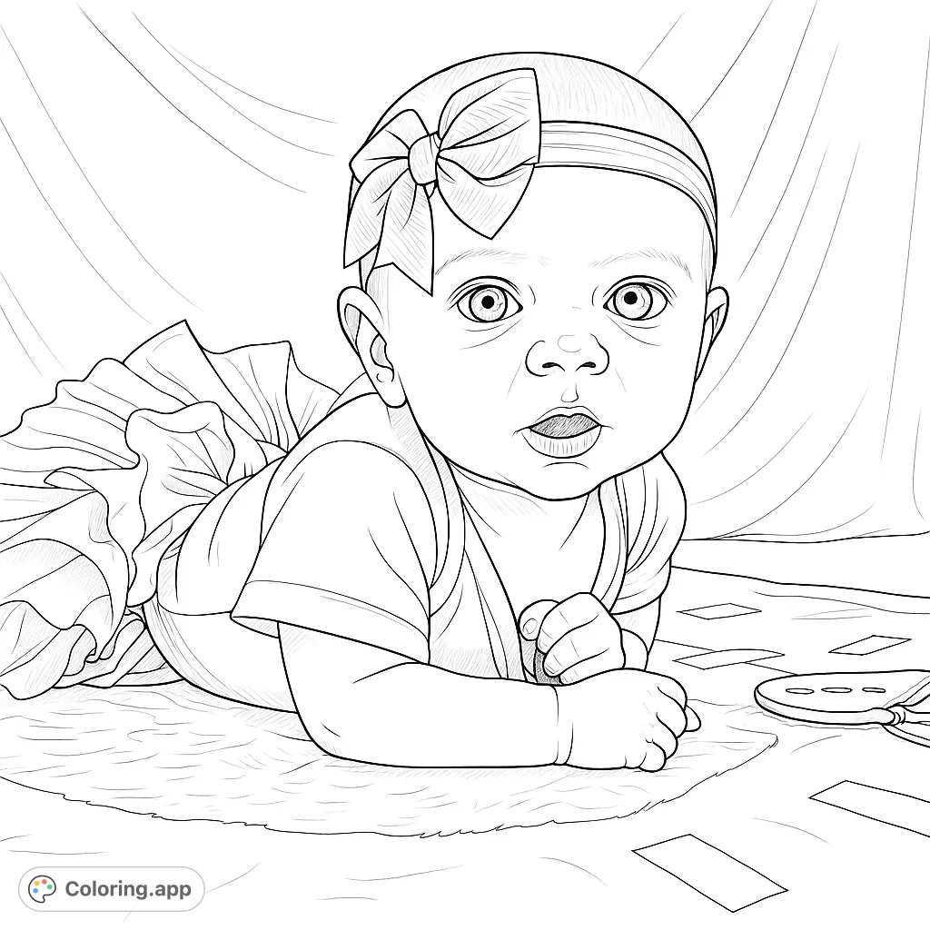 Capture the innocence of a baby in a ruffled tutu and bow headband, lying on a patterned blanket. A heartwarming baby coloring page for all ages.