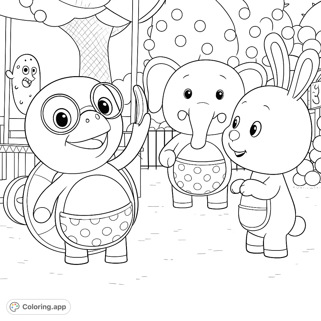 Join a cheerful turtle, elephant, and rabbit on a fun adventure! This delightful animal friends coloring page offers playful characters and a charming scene.