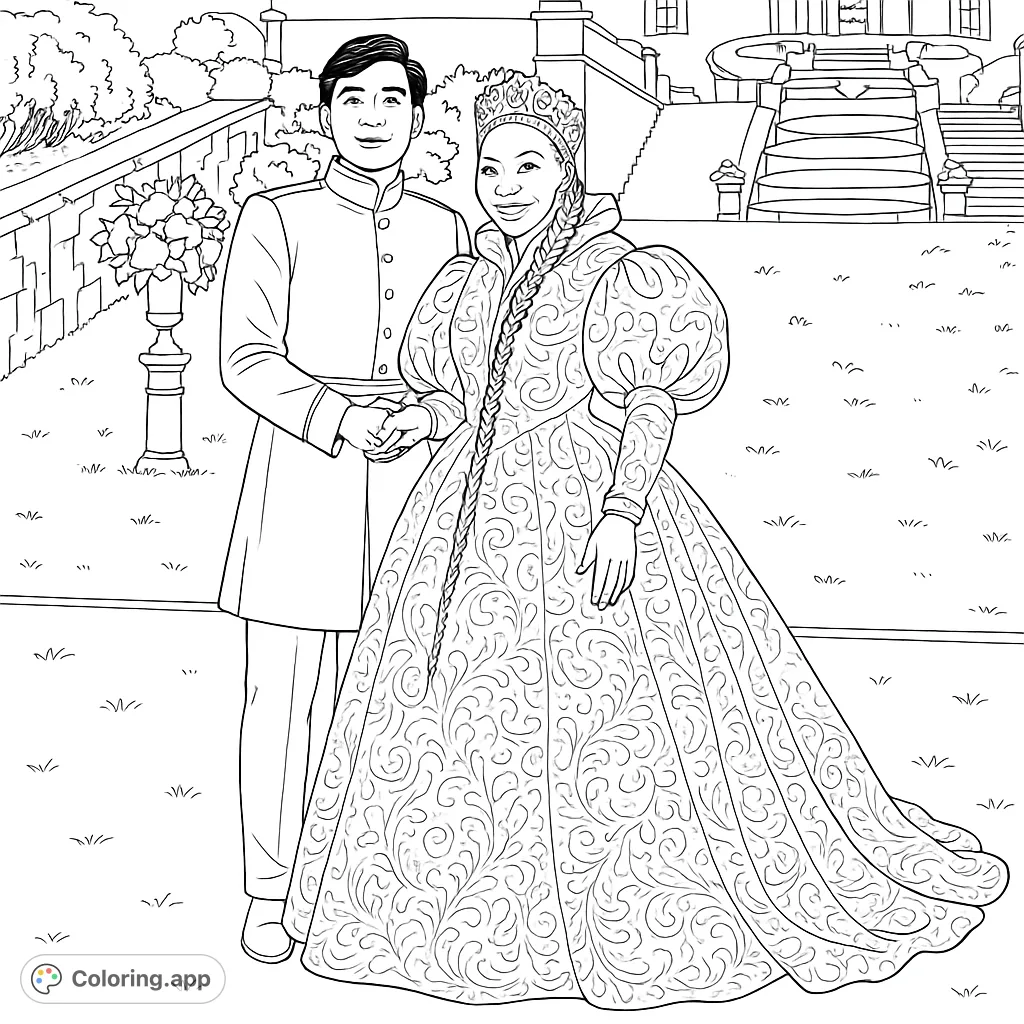 An elegant royal couple stands hand-in-hand in a majestic garden, featuring a grand estate and intricate attire. Perfect for fairytale enthusiasts.