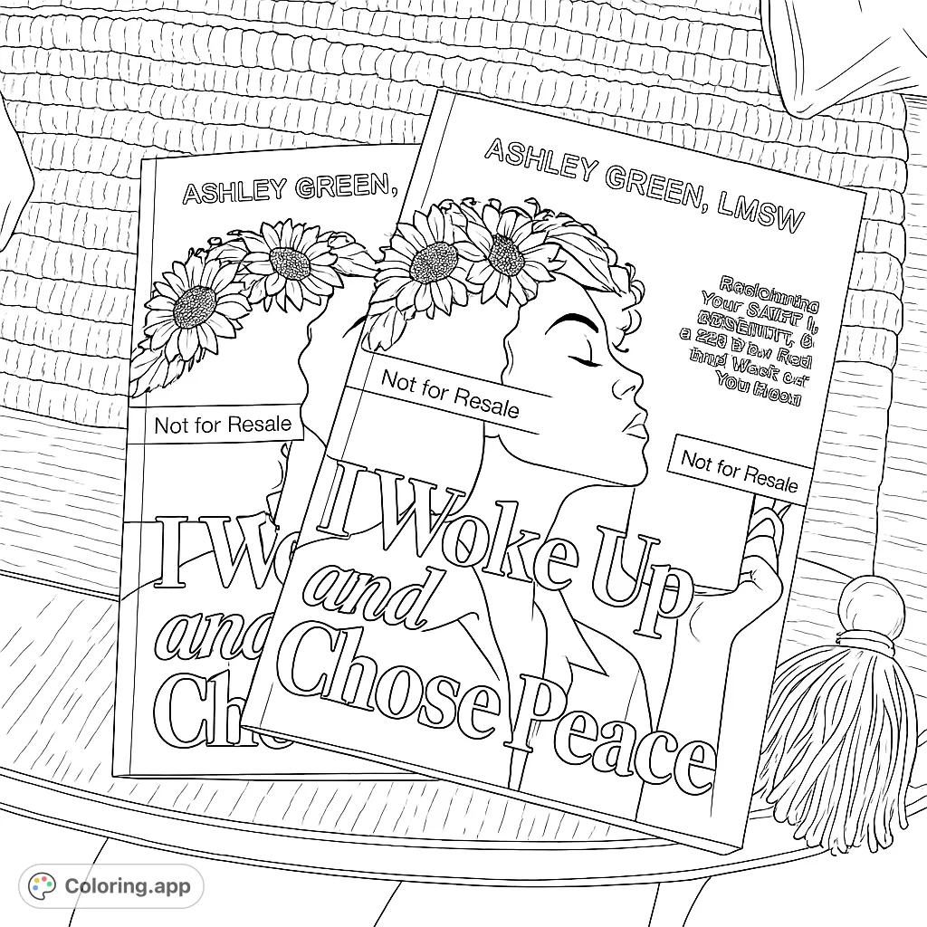 Find peace and creativity with this empowering coloring page featuring a woman adorned with a sunflower crown, holding a mug in a moment of calm.