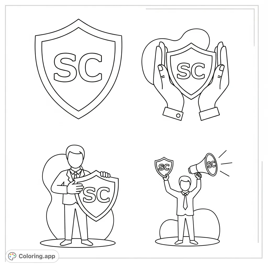 Four engaging cartoon icons illustrating "Respect SC, Respect it, Own it, Advocate for it" with clear, symbolic visuals for a meaningful coloring experience.