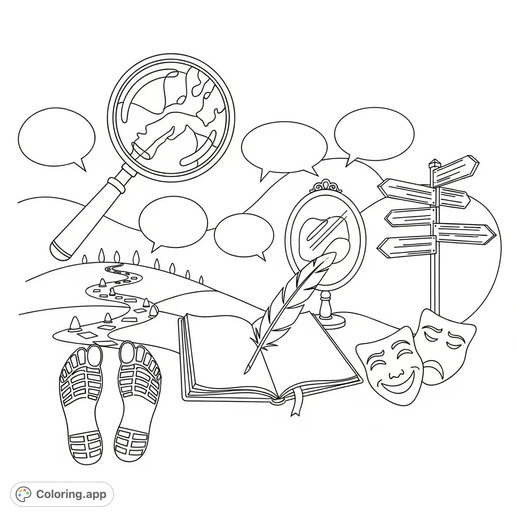 Explore a unique symbolic collage featuring a magnifying glass, path, crossroads, quill, masks, journal, and discussion bubbles. Perfect for reflection.