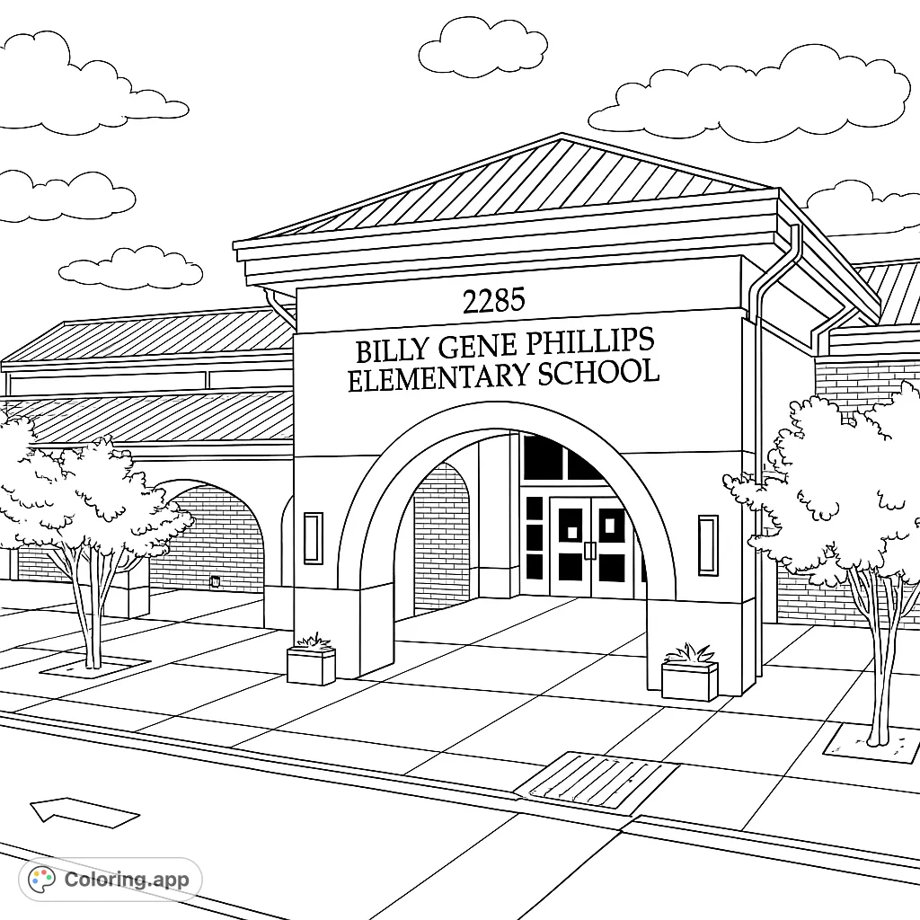 Detailed elementary school building with arches, trees, and a welcoming entrance, perfect for young artists and architectural enthusiasts.