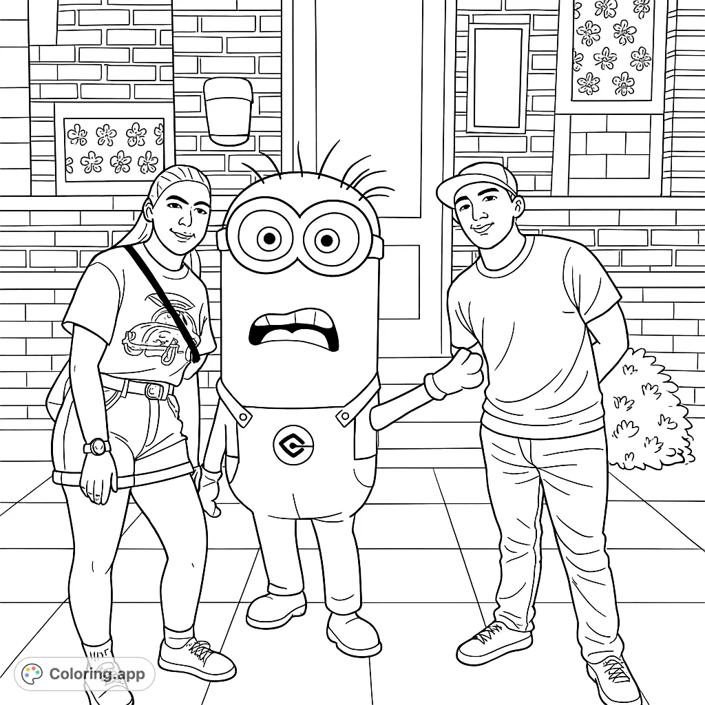 Join a beloved cylindrical character and two companions in front of a detailed brick building. A fun Minion coloring page for all ages!