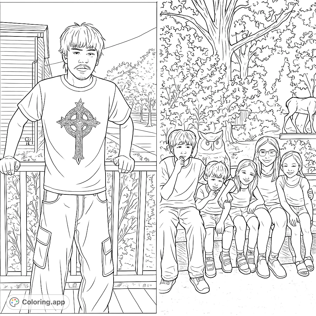 Capture moments of youth with this coloring page featuring individual and group portraits in outdoor settings, complete with natural elements and playful details.