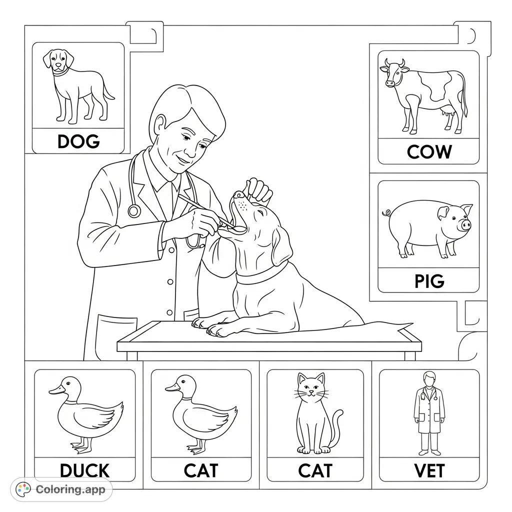 A delightful Bark George-inspired coloring page featuring a vet, a dog, and cut-out squares for cow, pig, duck, cat, dog, and vet.