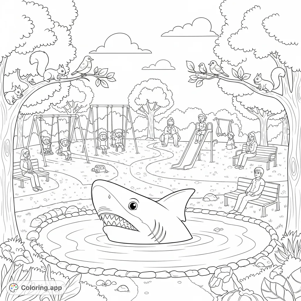Dive into a playful park scene where a friendly shark joins kids and animals for a day of fun. A unique and imaginative free printable coloring page.