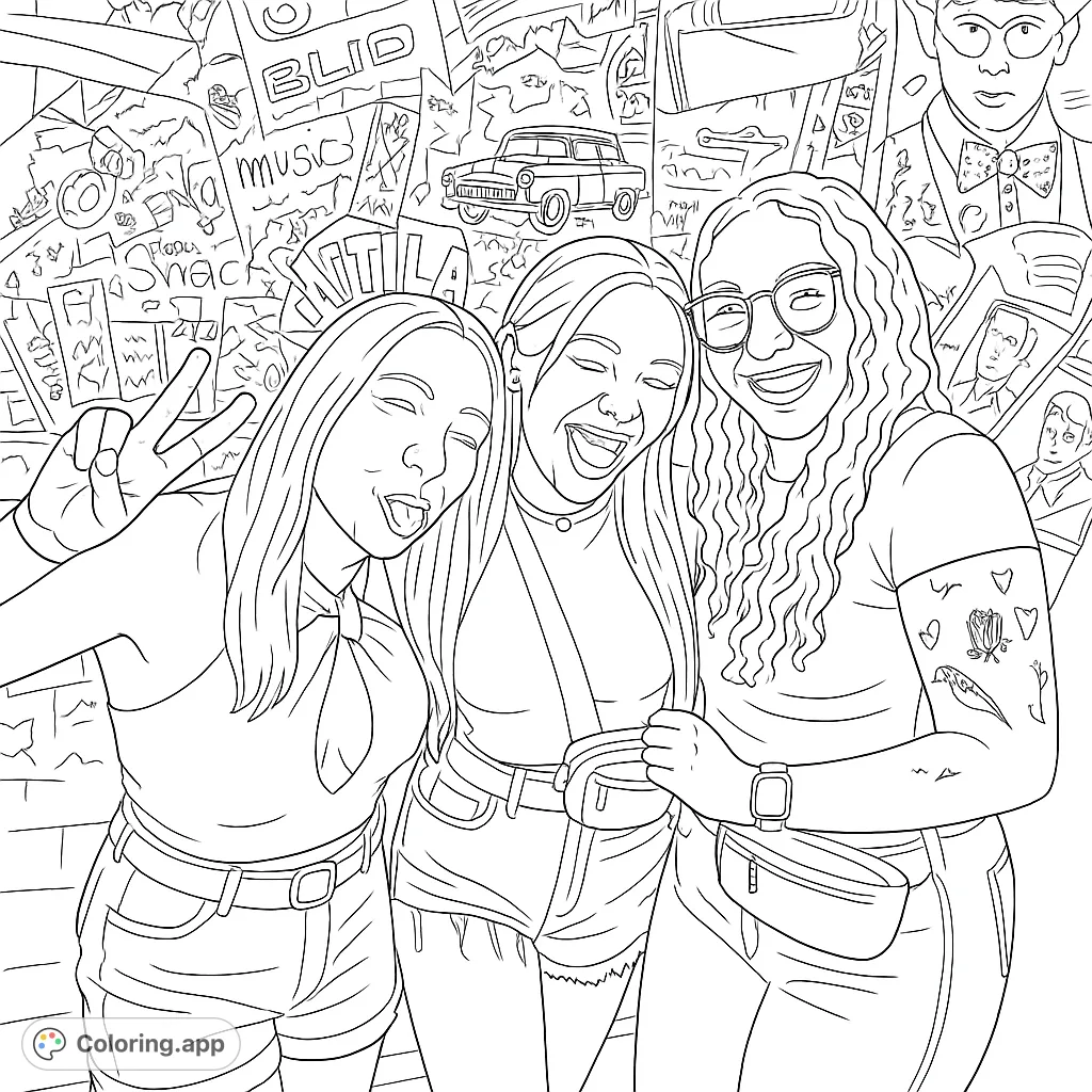 Capture the vibrant energy of three friends enjoying a night out, complete with detailed outfits, expressive poses, and a busy, textured background.