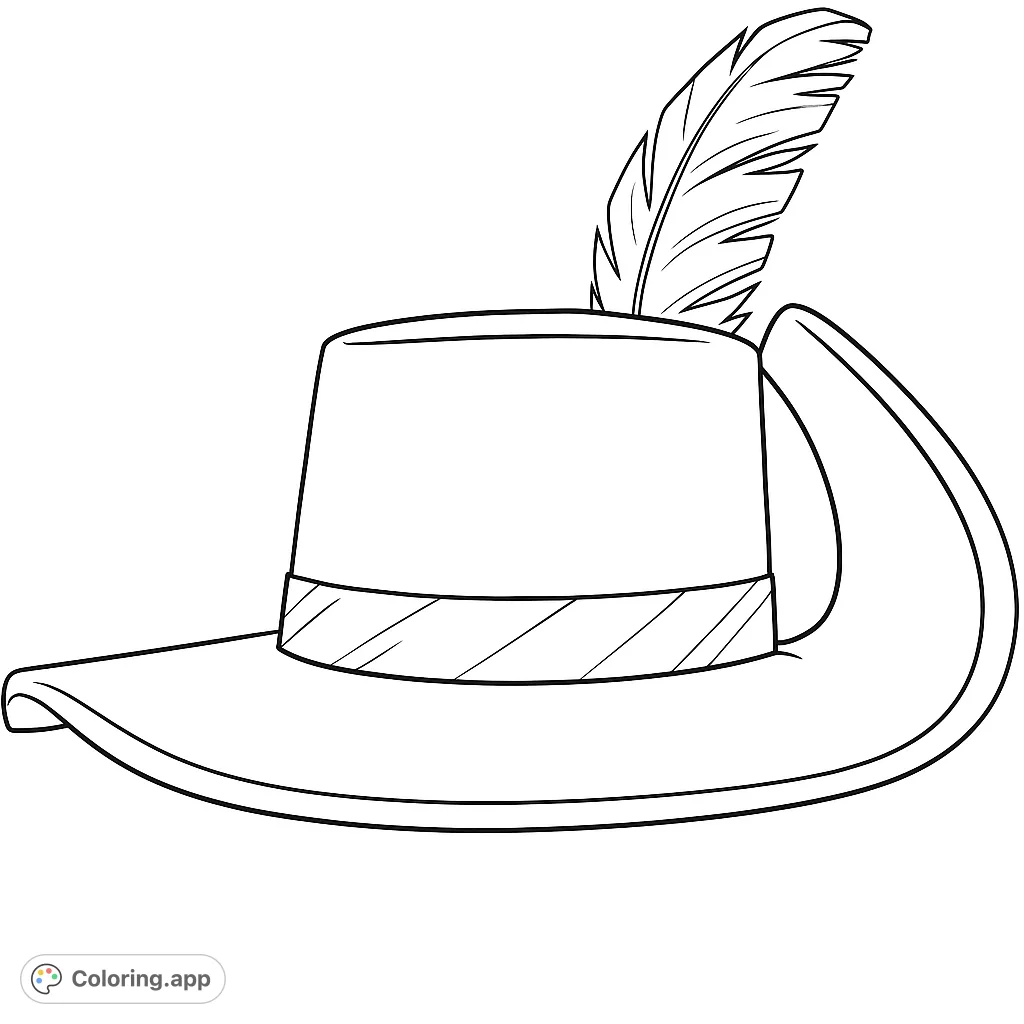 An elegant wide-brimmed hat adorned with a decorative chevron-patterned ribbon and a graceful, flowing feather, perfect for a touch of historical or theatrical flair.