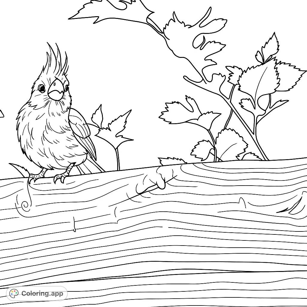 A charming crested bird perches on a weathered wooden beam, surrounded by delicate leaves. A delightful nature scene for all ages to color.
