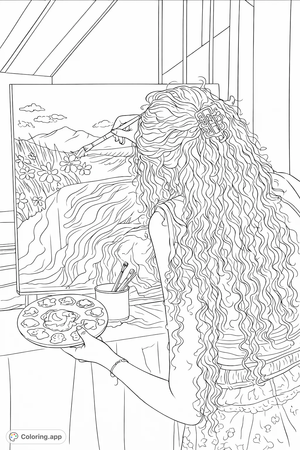 An artist deeply engrossed in painting a serene landscape with a broad-brimmed hat, tall grass, and flowers. A creative journey awaits your unique colors.