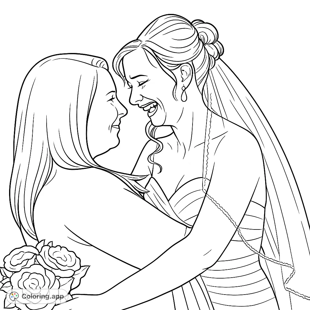 A heartwarming scene of two women embracing, one in a wedding gown, sharing a moment of joy and affection. Perfect for celebrating love.