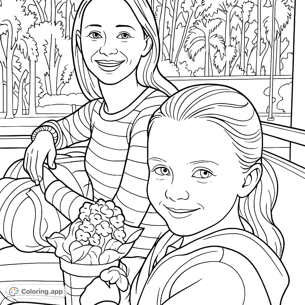 A heartwarming coloring page featuring a smiling adult and child enjoying an outdoor moment, perfect for family fun and creative expression.