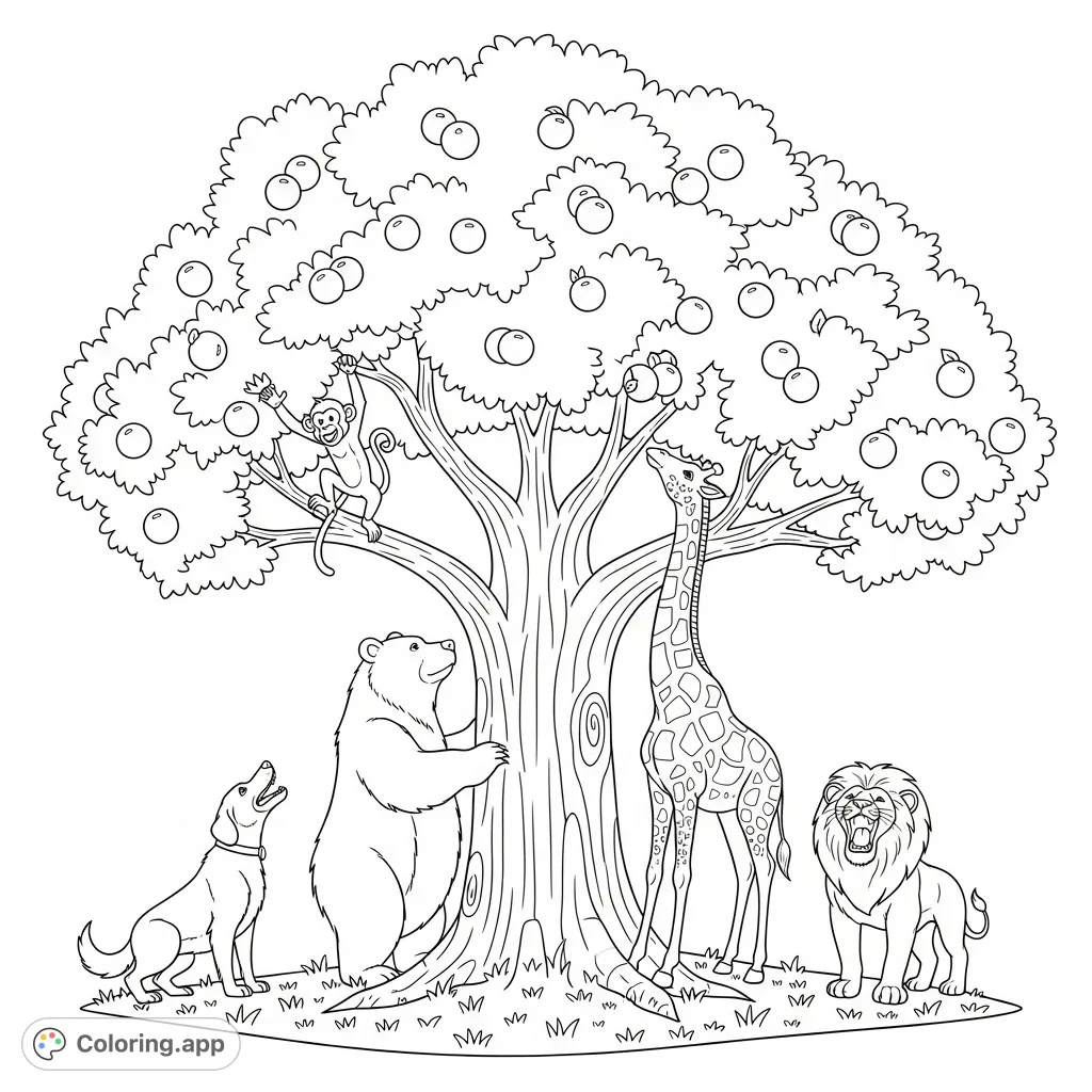Discover a delightful apple tree coloring page featuring a playful monkey, a strong bear, a barking dog, a tall giraffe, and a roaring lion. A charming free printable coloring page for kids.