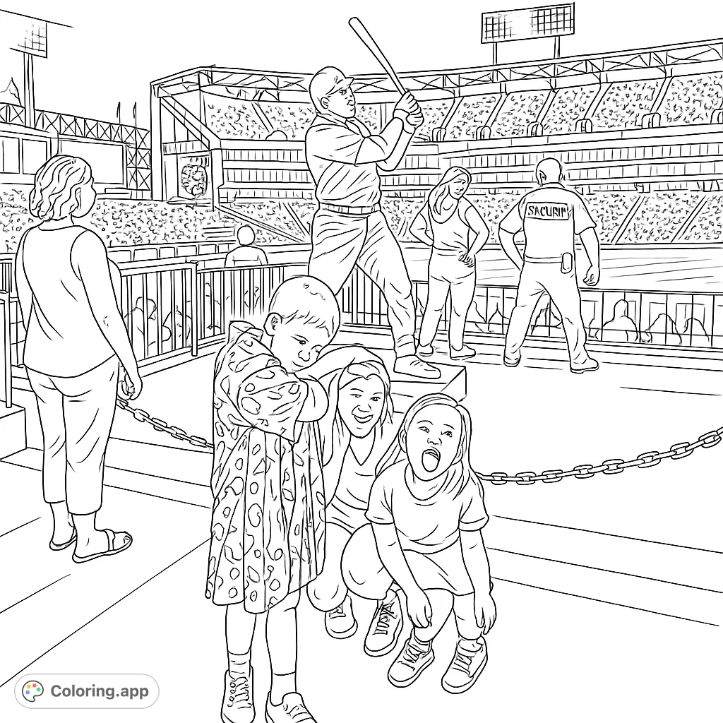 Experience a fun night at the baseball stadium with a family, a baseball player statue, and a lively crowd, perfect for a detailed coloring adventure.