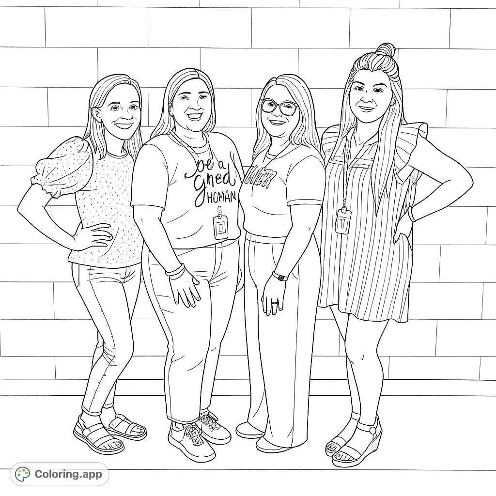 A group of four smiling women posing together against a brick wall, featuring diverse outfits and a friendly atmosphere, perfect for adult colorists.