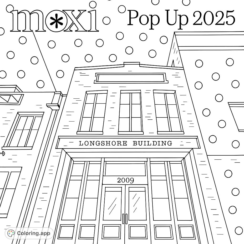 Explore a detailed city building facade, featuring intricate brickwork, grand wooden doors, and classic windows. A perfect architectural coloring page for all ages.