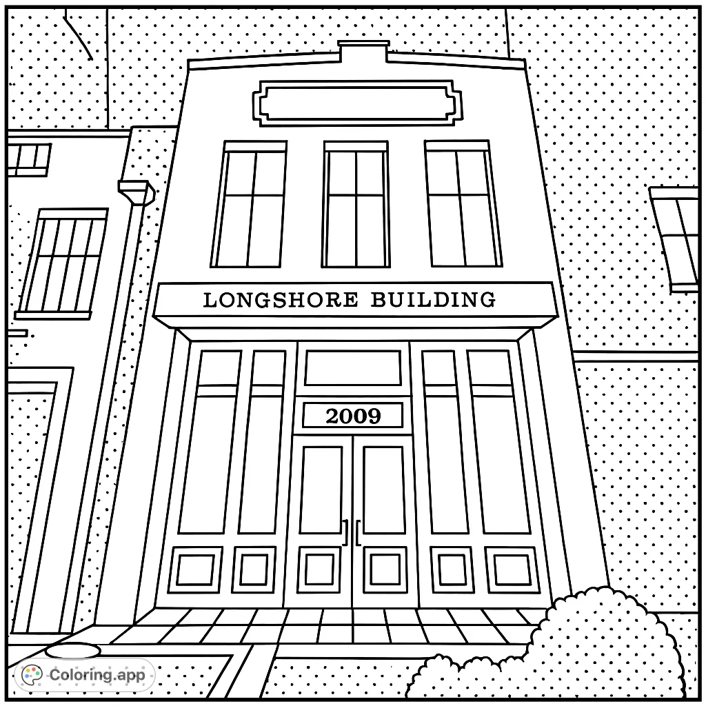 Explore a detailed urban building facade with intricate windows, a grand entrance, and architectural elements, perfect for a relaxing coloring experience.