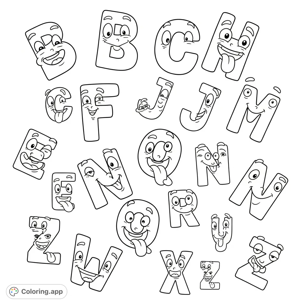 A playful jumble of uppercase and lowercase alphabet letters, each with a unique funny face, scattered across the page for a whimsical coloring adventure.