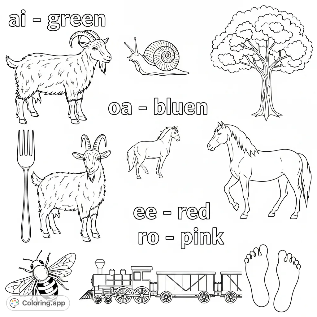 An engaging free printable coloring page featuring a whimsical assortment of animals, objects, and educational text elements for fun and learning.