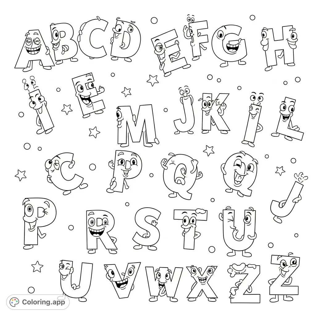 Discover a whimsical alphabet coloring page featuring big and small letters with funny faces, scattered playfully across the page for endless creative fun.