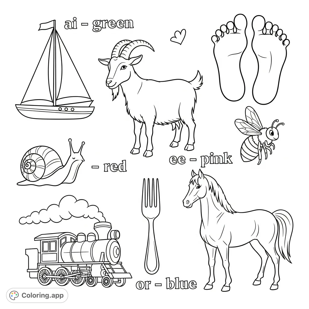 Explore a delightful collection of scattered objects and word elements, featuring a boat, goat, feet, bee, snail, train, fork, and horse, with playful text.