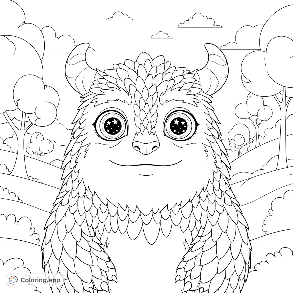 Discover a charming friendly fantasy monster coloring page with sparkling fur and captivating starry eyes. A delightful creature ready for your creative touch!