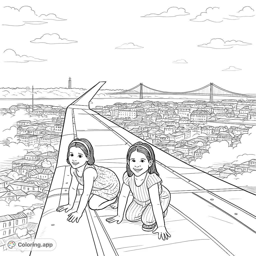 Two cheerful girls pose on an airplane wing high above a sprawling city, with bridges and a monument in the distance. A fun aerial adventure scene.