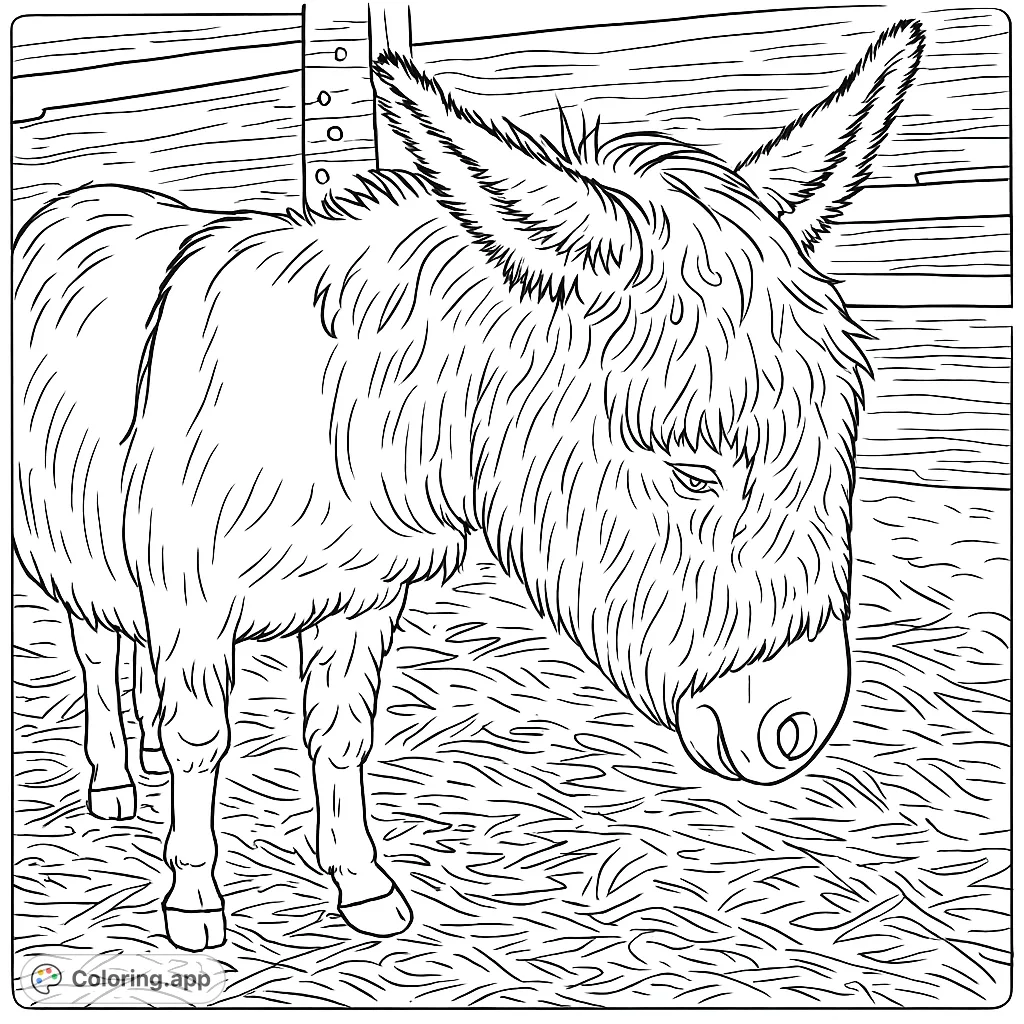 A charming shaggy donkey stands in a rustic farm setting, perfect for animal lovers. This free printable donkey coloring page offers delightful details.