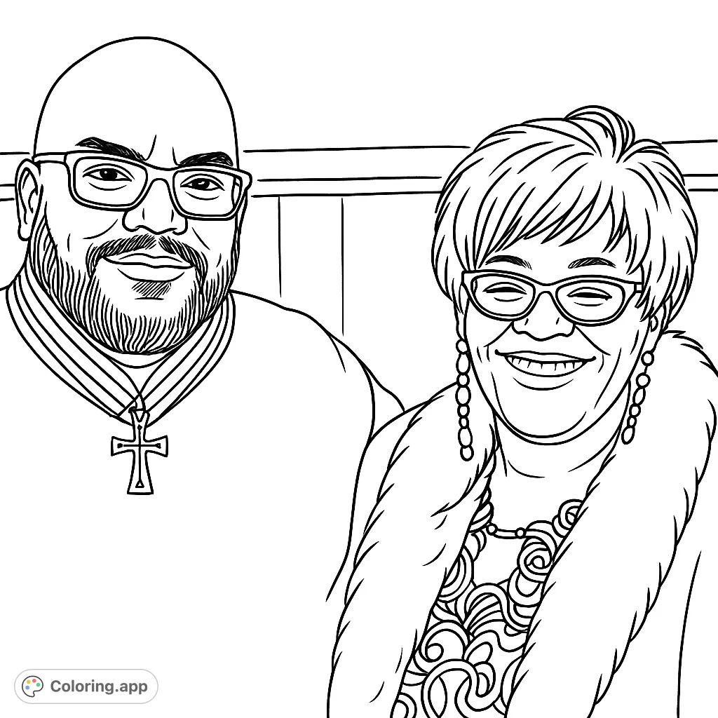 A heartwarming portrait of a smiling couple, perfect for celebrating relationships and personal connections. This free printable coloring page offers a chance to personalize a loving scene.