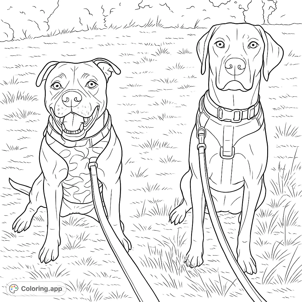 Two friendly dogs sit patiently in a field, ready for adventure. A delightful dog coloring page for animal lovers of all ages.