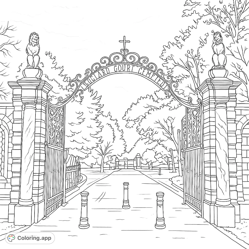 Color a grand collegiate entrance with an ornate archway, decorative pillars, and open gates leading to a tree-lined campus. Perfect for architectural enthusiasts.