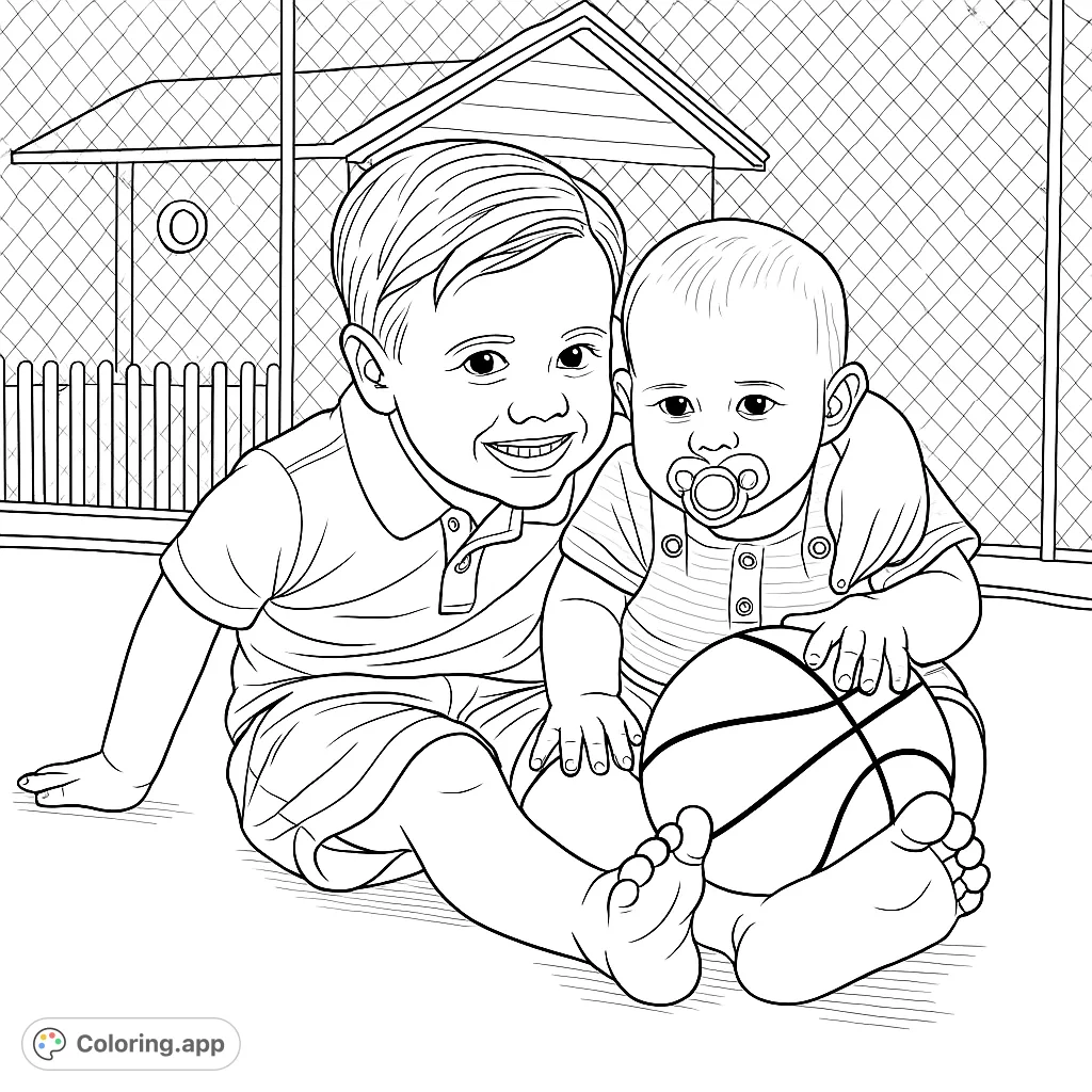Two joyful siblings share a moment on a trampoline with a ball, perfect for a heartwarming coloring experience.