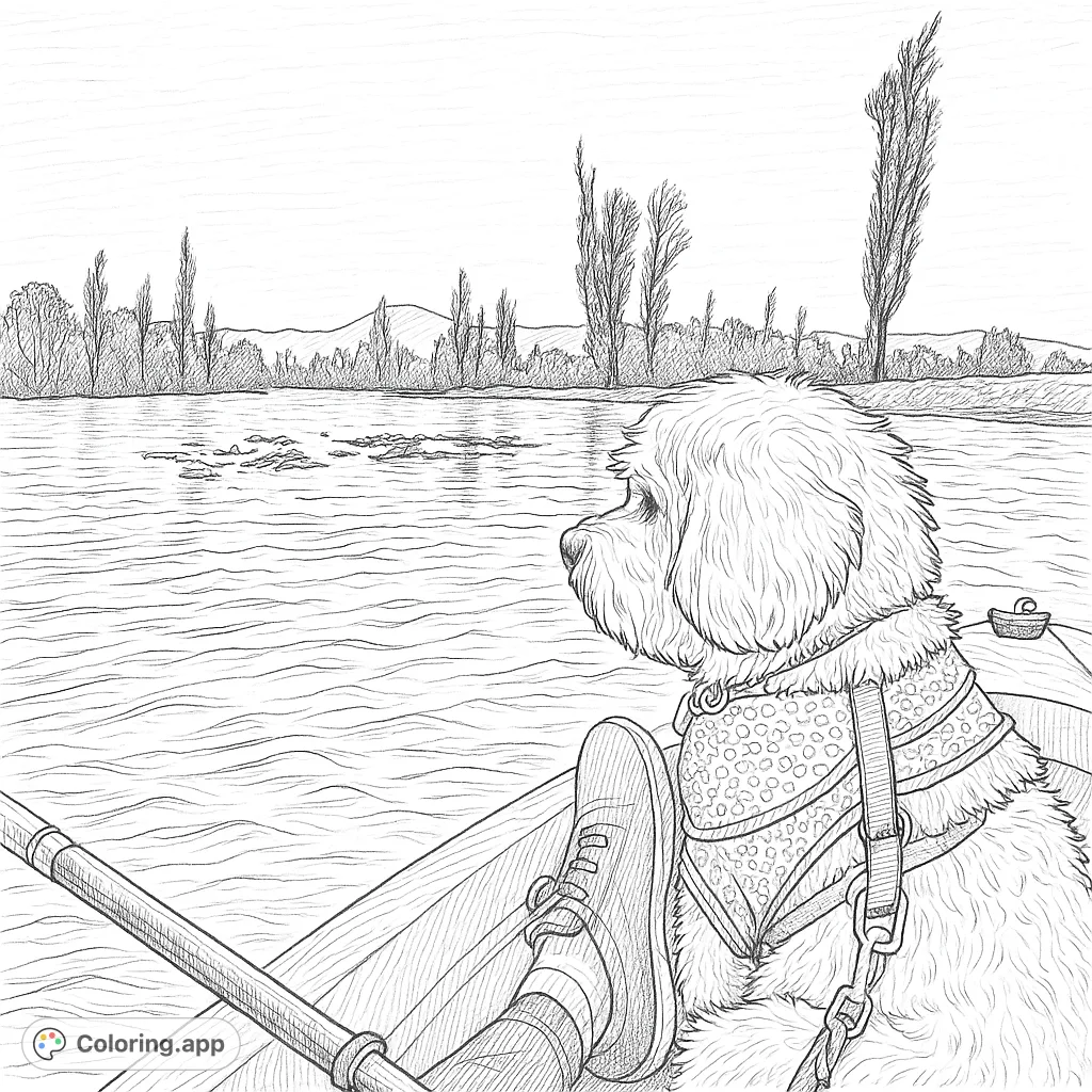 A fluffy dog enjoys a peaceful kayak ride on a calm lake, gazing at the distant treeline and mountains under a serene sky. Perfect for animal lovers.
