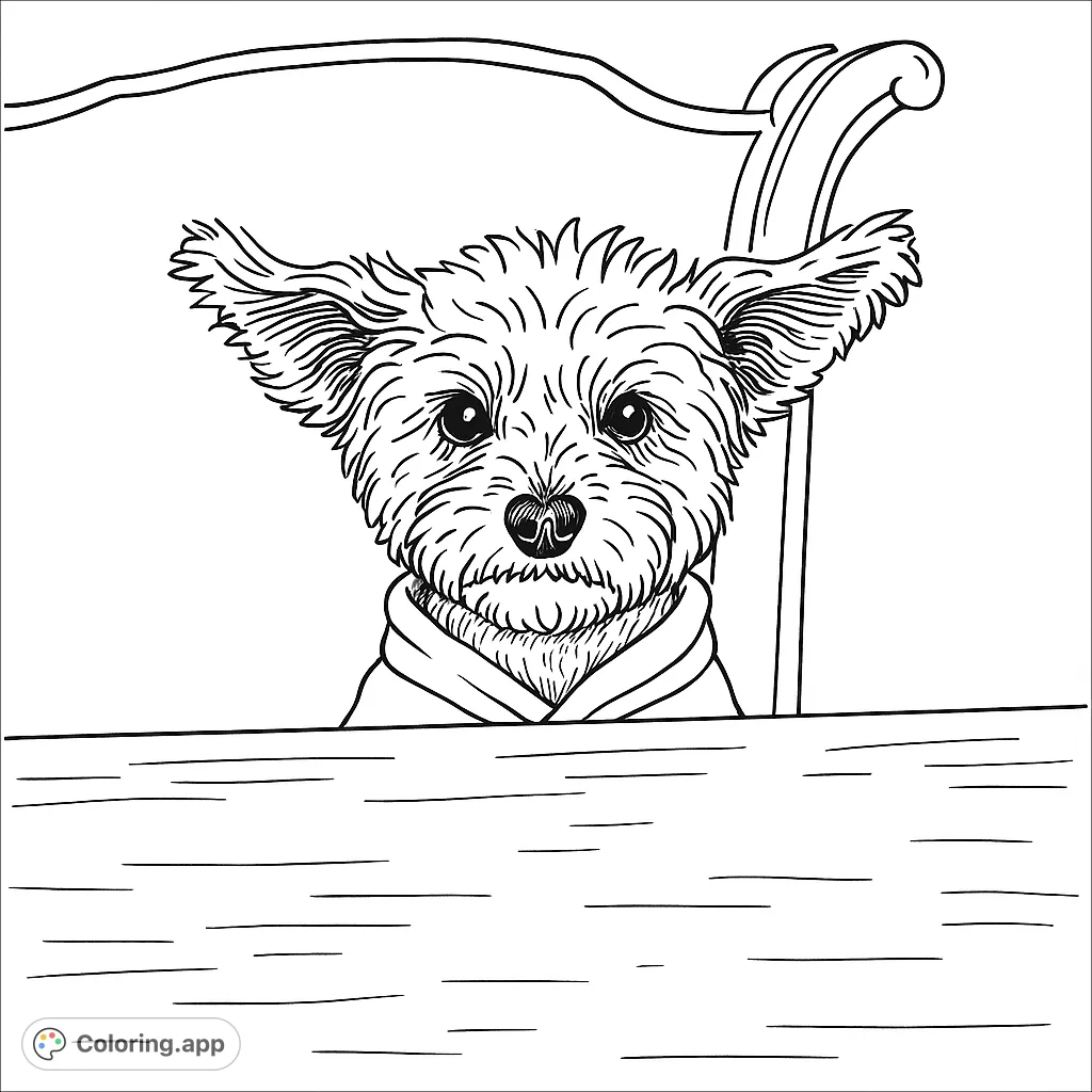 A charming fluffy dog in a cozy sweater sits attentively at a table, ready for a fun coloring adventure. Perfect for pet lovers!