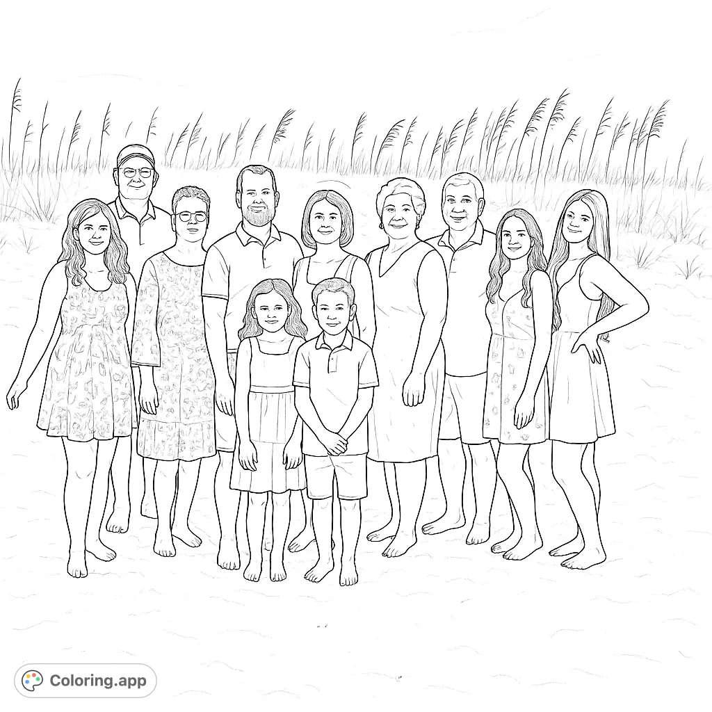 A heartwarming family beach gathering, perfect for all ages to color. Capture cherished moments with loved ones on a sandy shore.