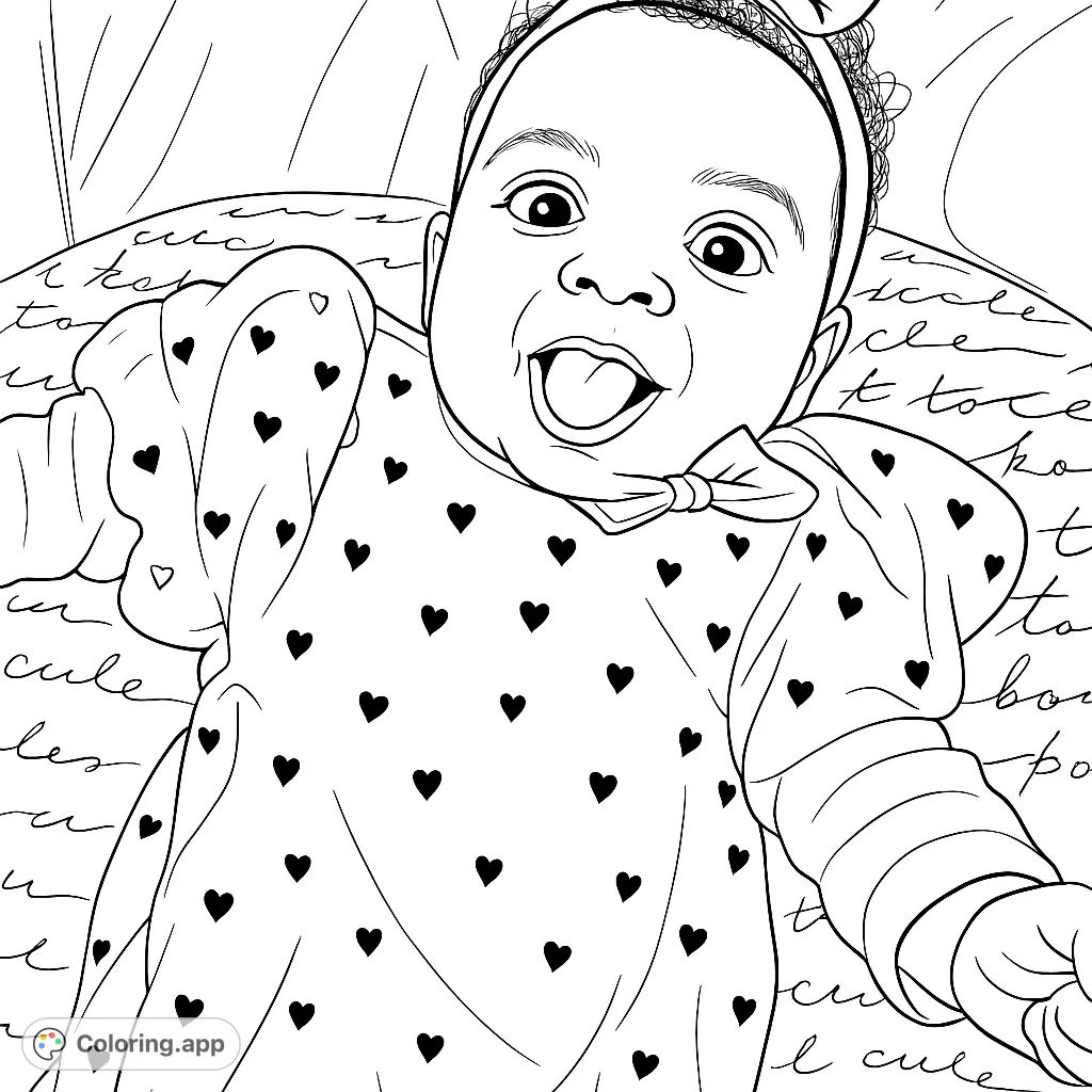 A delightful baby with a playful expression, wearing a charming heart-patterned outfit. Perfect for a heartwarming coloring experience.