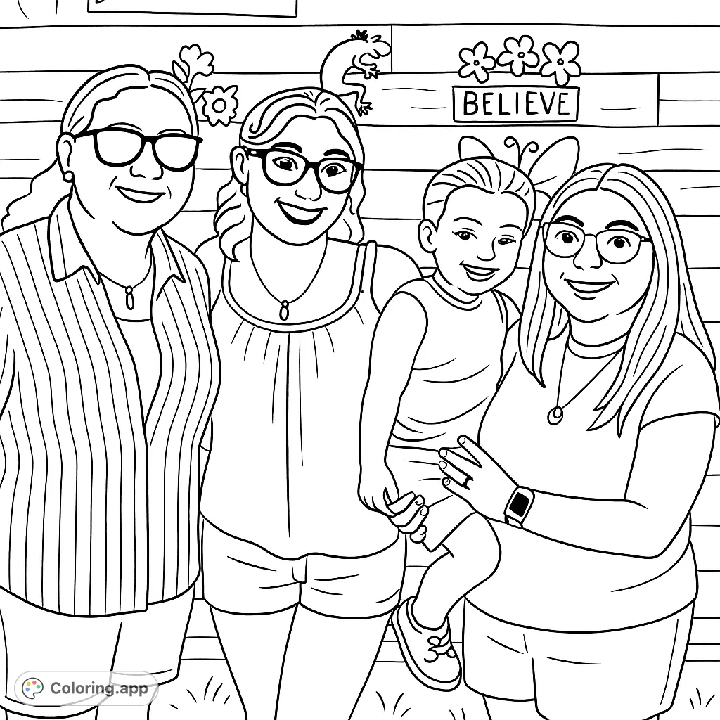 Capture a heartwarming family moment with this free printable coloring page. Four smiling individuals against a rustic decorated wall await your creative touch.