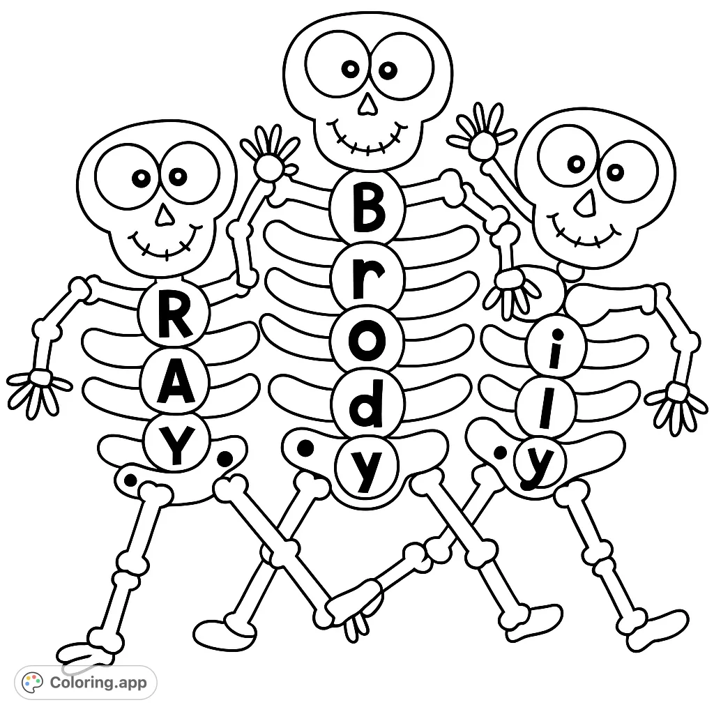 Three cheerful skeleton friends with lettered torsos, perfect for a fun and educational coloring activity. A delightful Halloween or learning-themed page.