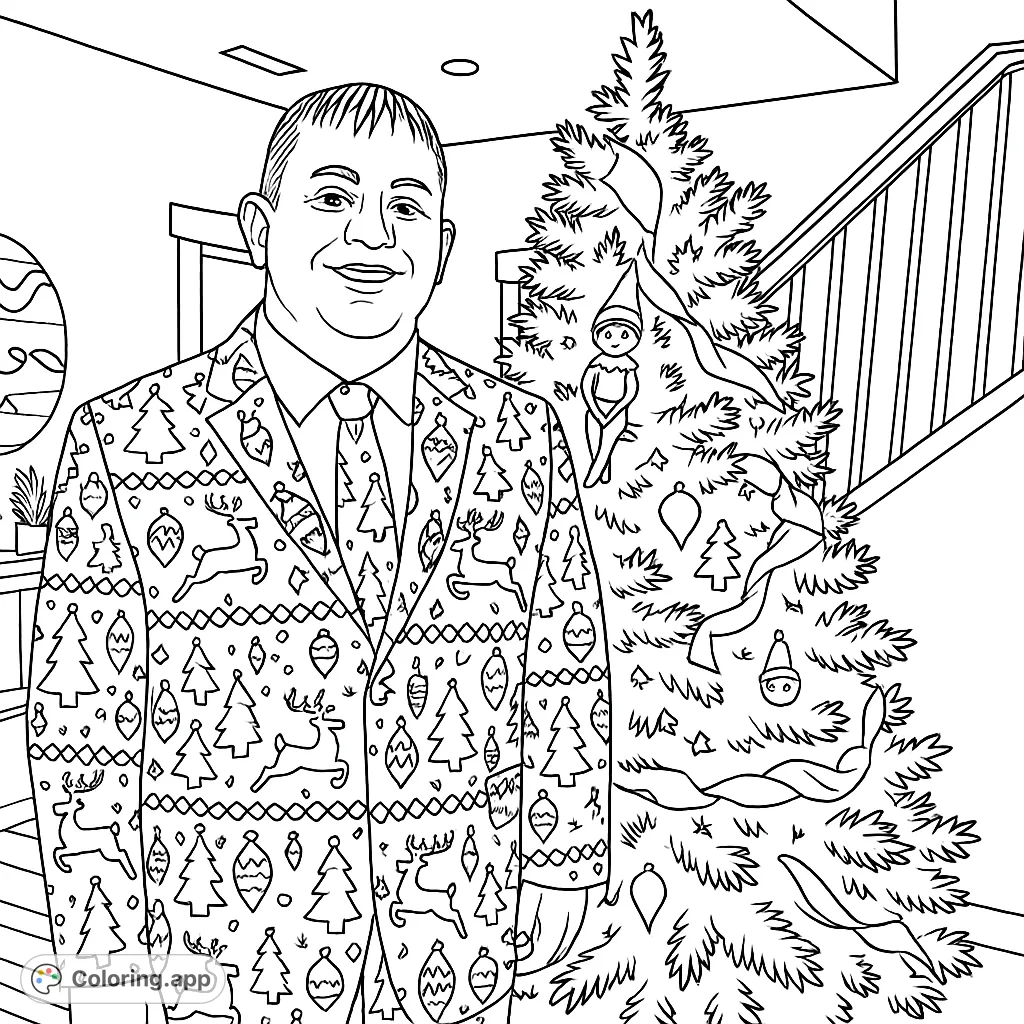 Color a cheerful person in a detailed holiday-themed suit standing beside a decorated tree. Perfect for festive fun and intricate pattern work.
