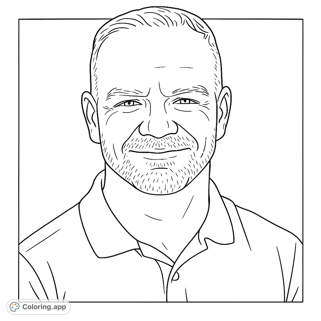 Capture the essence of a friendly man with this detailed portrait coloring page. Perfect for practicing facial features and shading techniques.