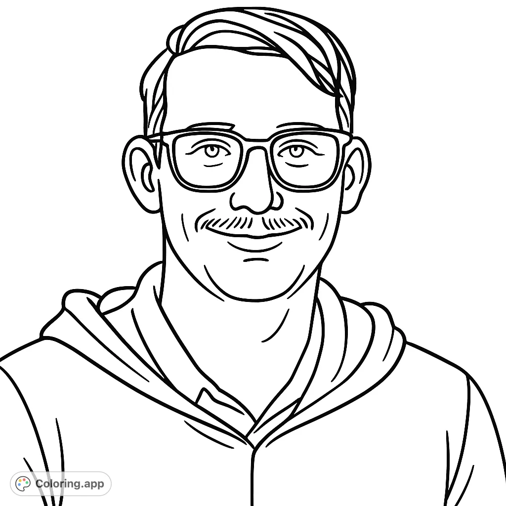 A friendly man with glasses and a mustache smiles, offering a welcoming portrait for coloring. A great choice for personalizing or expressing creativity.